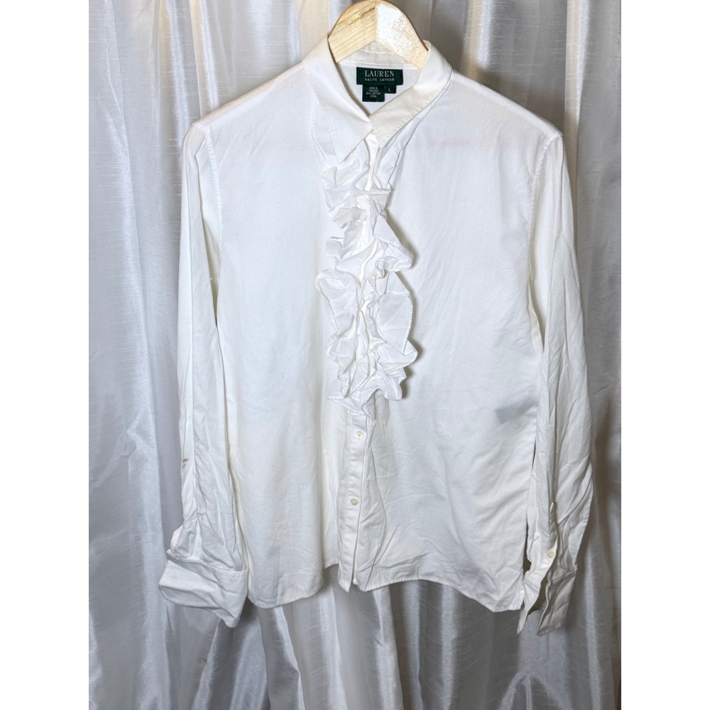 Lauren Ralph Lauren Ruffle Blouse Womens Large White Cotton Button Up Shirt